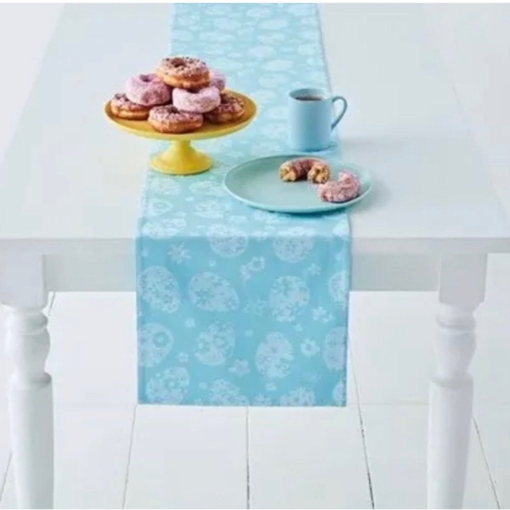New H for Happy 72 Inch Easter Spring Eggs Jacquard Table Runner in Light Blue